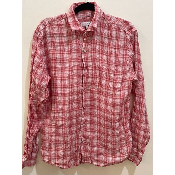 Peter Millar Men's M Red Plaid 100% Linen Long Sleeve Snap Button-Up Shirt - Picture 1 of 8